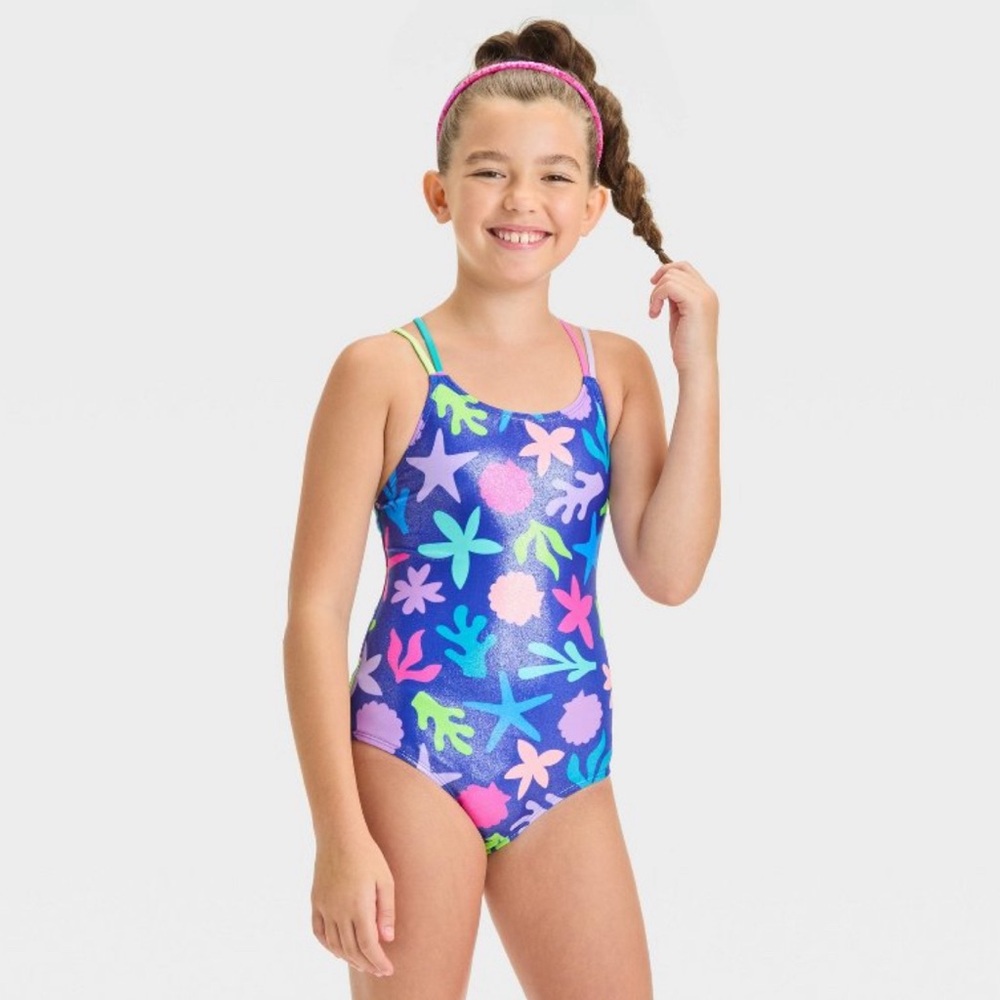Cat & Jack Underwater Abstraction Star Fish Print Swimsuit Girl S 6/7 NEW 1 PC